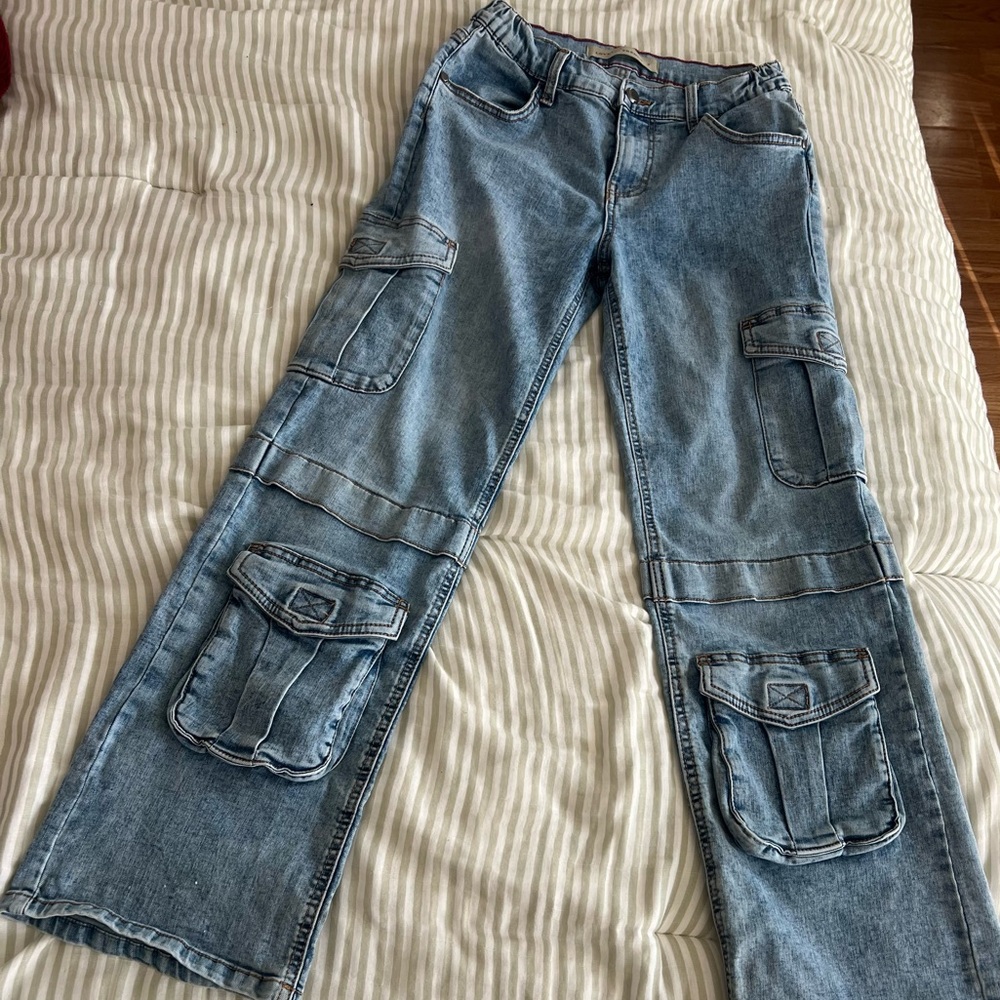 Light Blue Wide-Leg Cargo Jeans with Patch Pockets